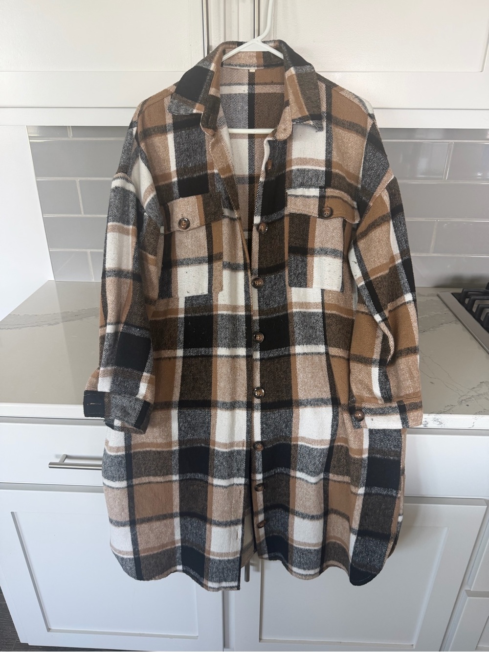Plaid Shacket Jacket - Tan, Black & White